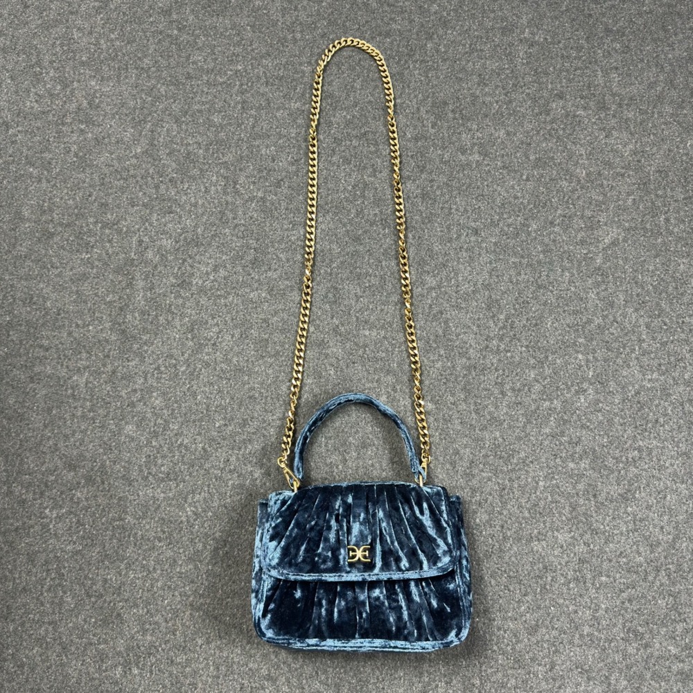 Sam Edelman Blue Crushed Velvet Pleated Crossbody Bag Gold Chain Strap Handbag